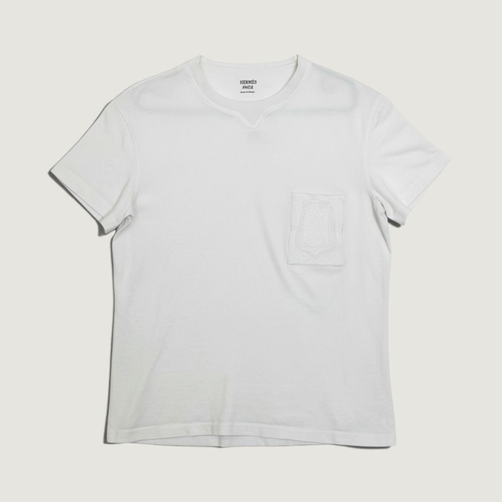 Hermes Paris T-Shirt Embroidered Pocket Crest White Size 40 Medium